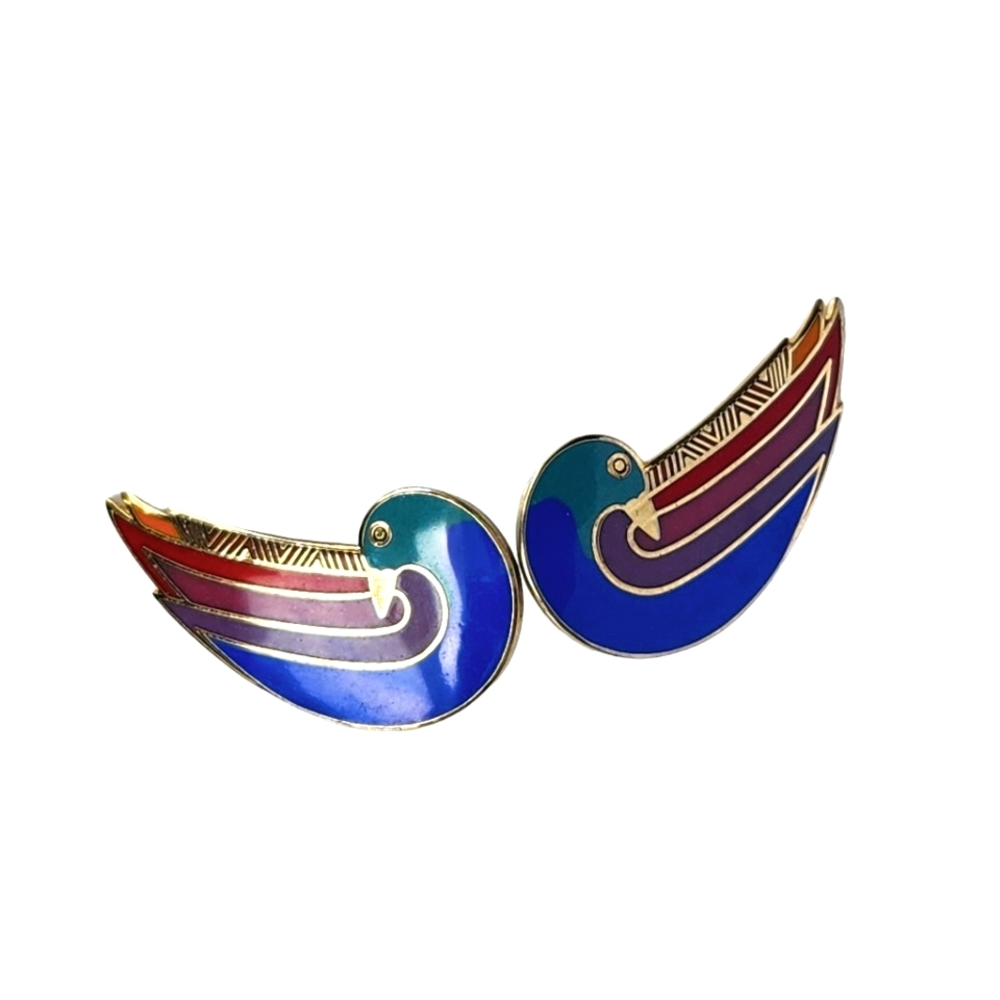 Laurel Burch Rainbow Dove Enamel Vintage Clip On Earrings